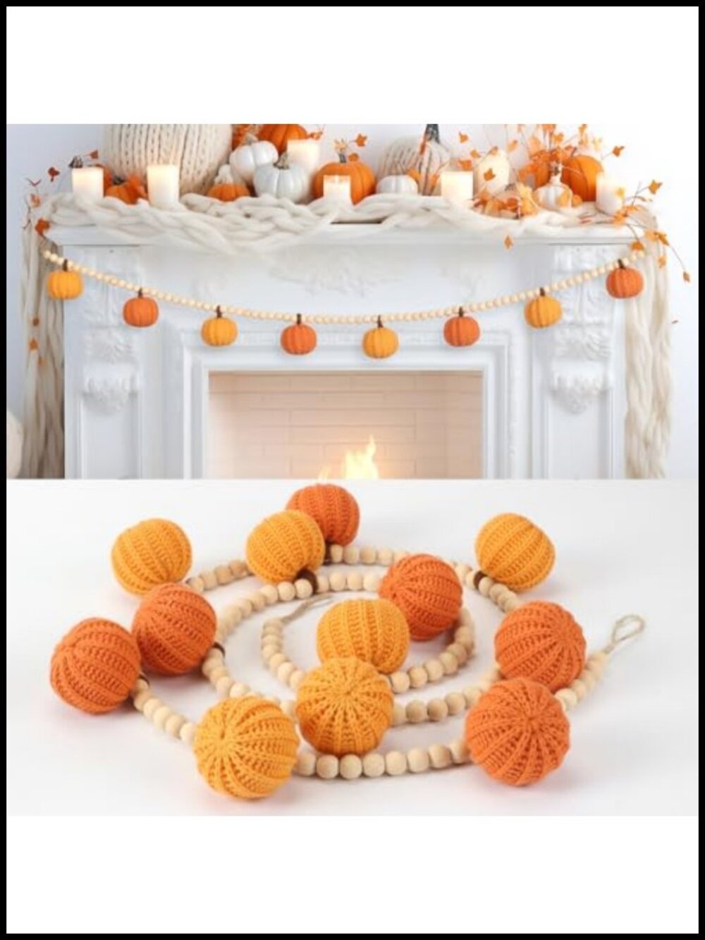 Handmade Crochet Pumpkin Garland 8 Pumpkins Wood Beads Fall Decor